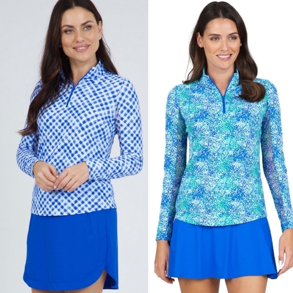 Ibkul Long Sleeve Zip Mock Neck Painted Blue Green Sun Shirt Women's Size XS - Picture 9 of 9